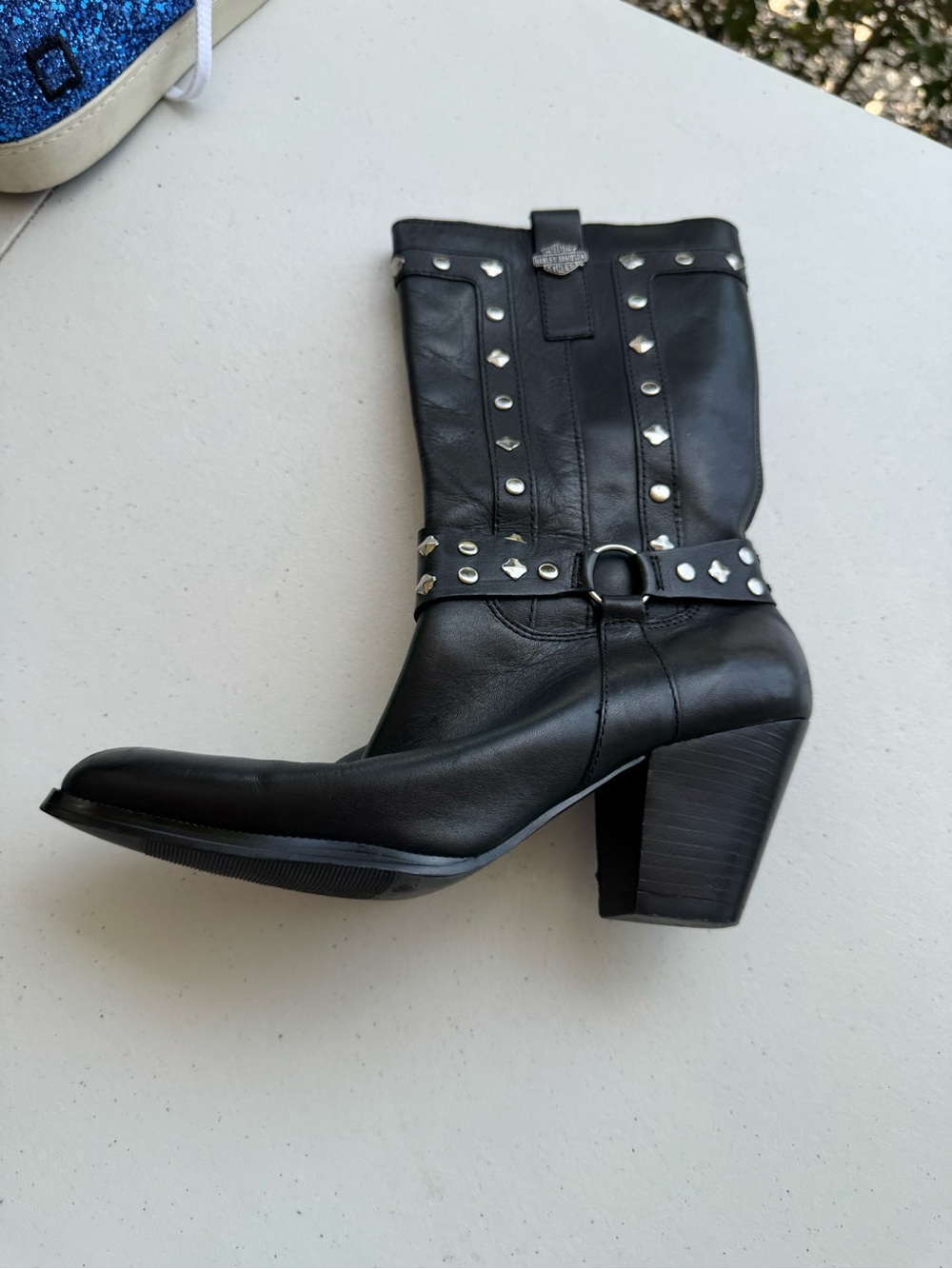 Harley-Davidson Black Studded Mid-Calf Block Heel Boots